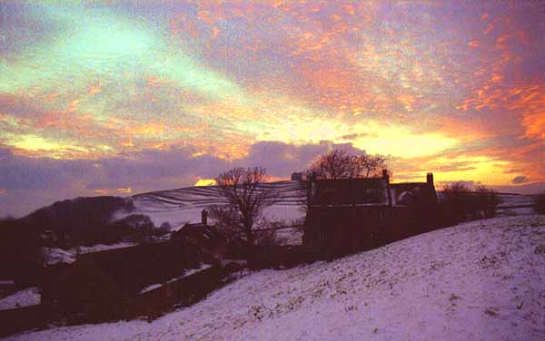 Abbotsbury - Chapel Hill in the snow at Sunset, by Andrew Green